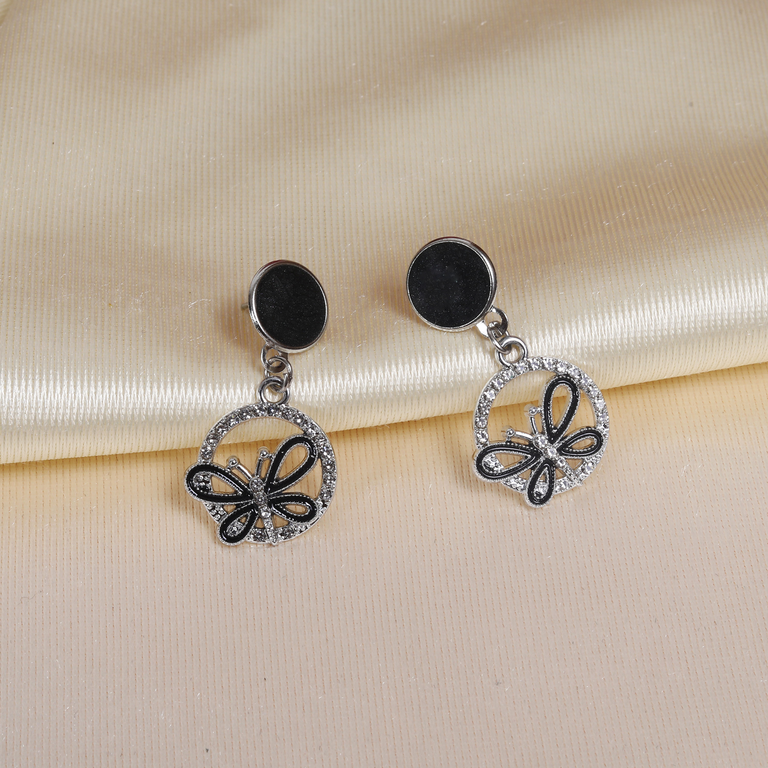 Ridhar Black & Silver Butterfly Crystal-Studded Round Drop Earrings
