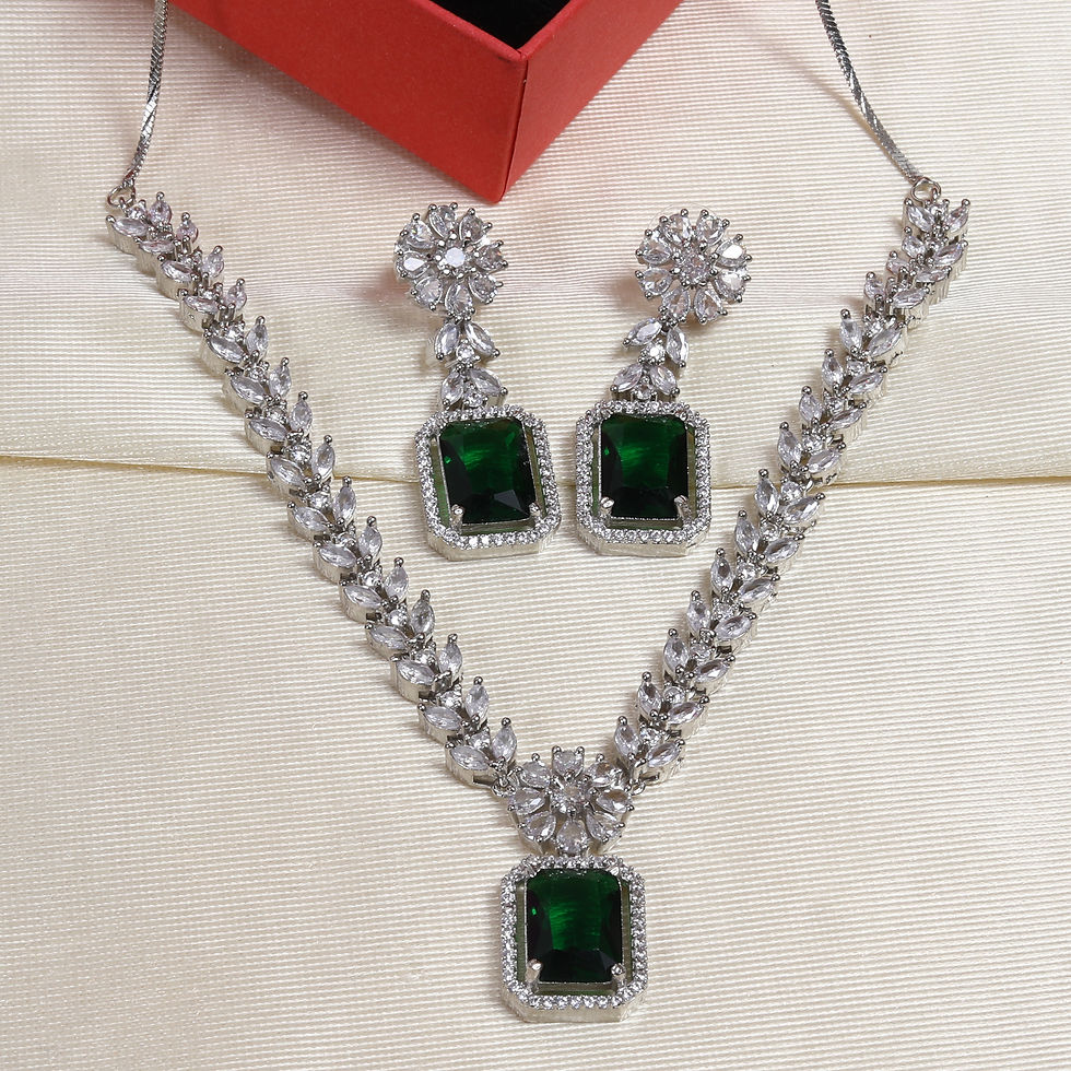 Thumbnail: Ridhar AD Necklace Set with Earrings in Olive Green
