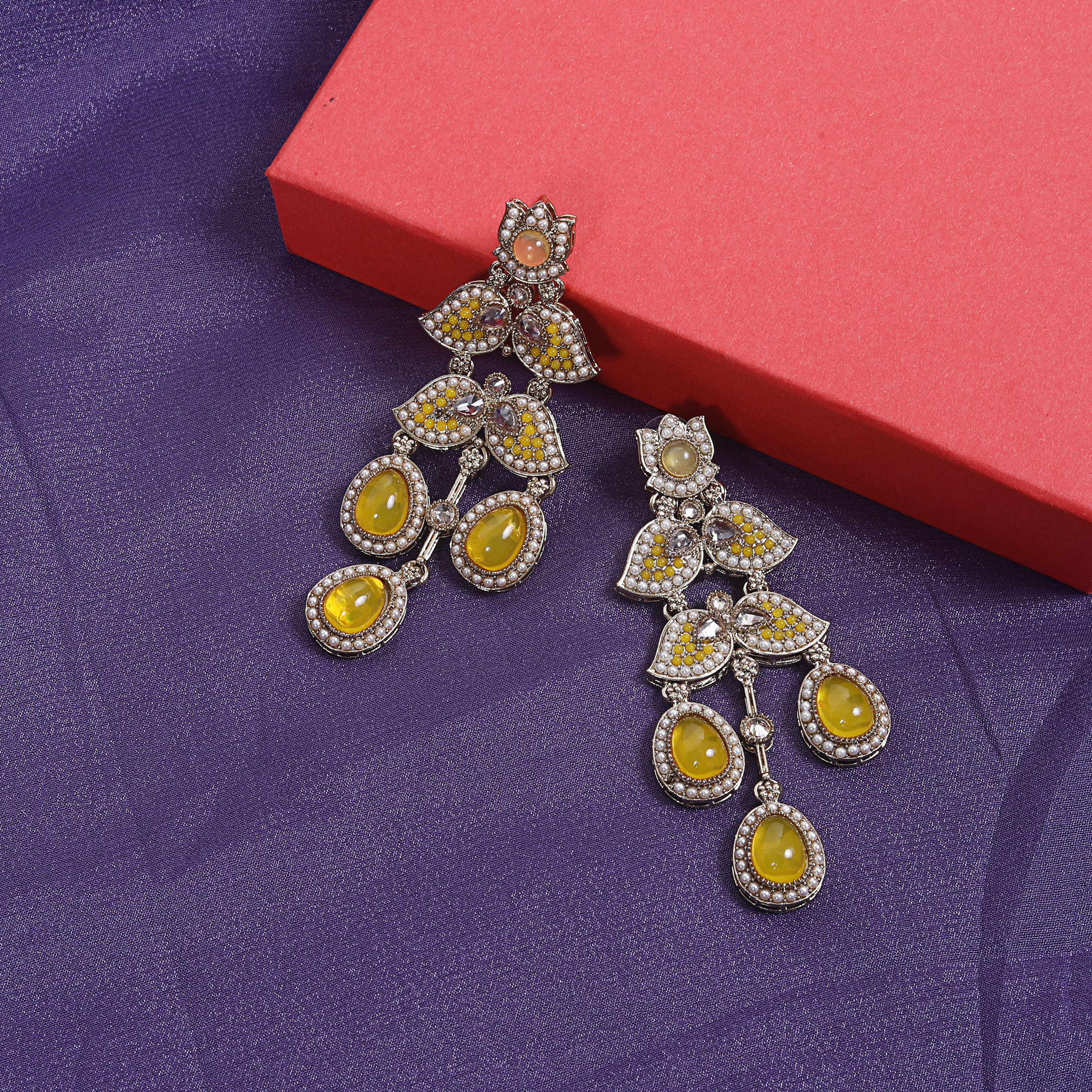 Ridhar Yellow Stone-Studded Silver-Plated Statement Dangler Earrings for Women