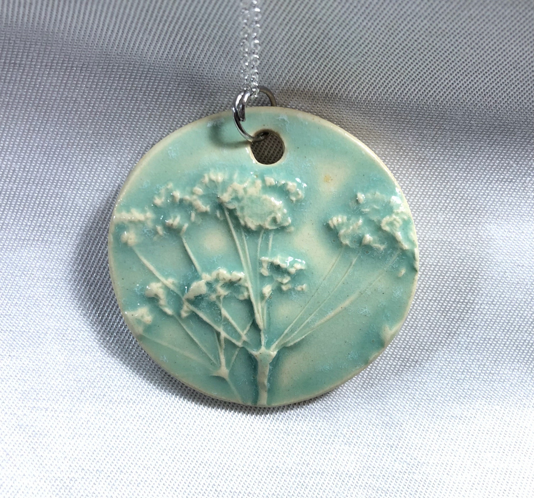 Large Round Pacific Blue Embossed Tree Pendant Necklace