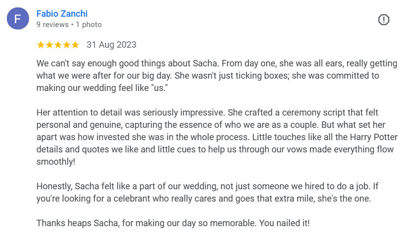 5 Star Review Sacha Clark Celebrant 31 Aug 2023
