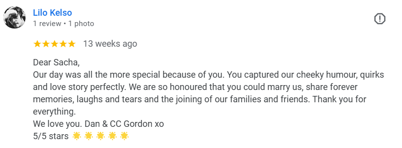 5 Star Review Sacha Clark Marriage Celebrant from Lilo Kelso