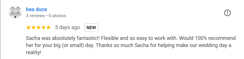 5 Star Review Sacha Clark Registry Style Wedding from Bea Duce