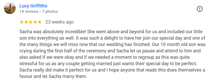 5 Star Review Sacha Clark Gold Coast Celebrant from Lucy Griffiths