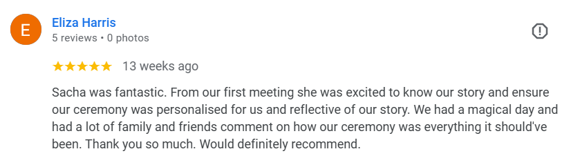 5 Star Review Sacha Clark Scenic Rim Celebrant from Eliza Harris