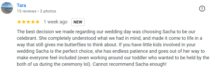 5 Star Review Sacha Clark Celebrant Gold Coast from Tara