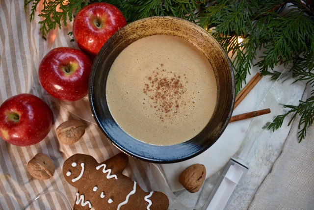 Blenderized tube feeding recipe for Christmas inspired by gingerbread. there is a gingerbread man, apples and a blended meal for tube feeding pictured.