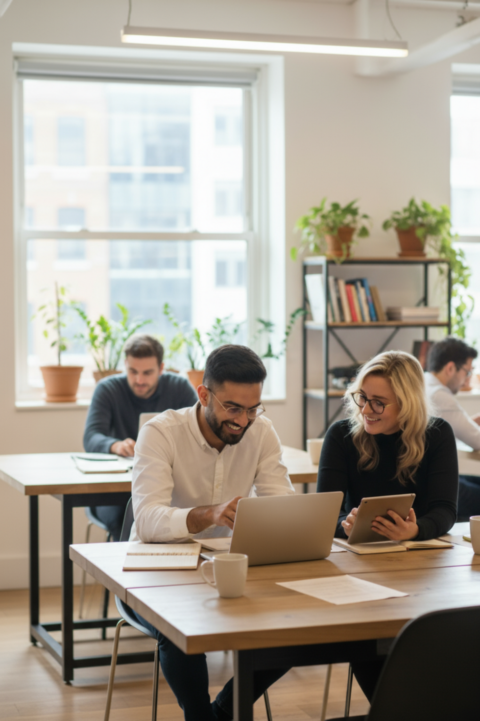 Two accountants reviewing tax and accounts on a laptop in a modern office