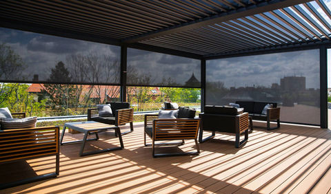 Contemporary UK pergola with smart fire technology integration