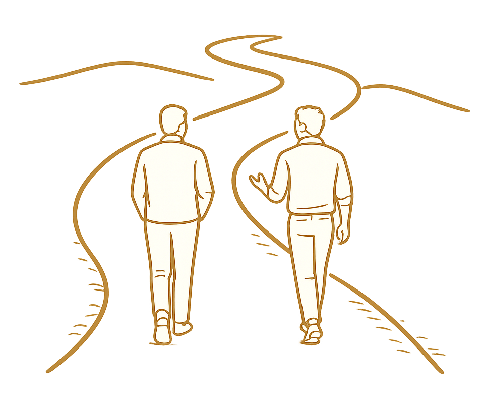 Two people walking on a winding path as one gestures