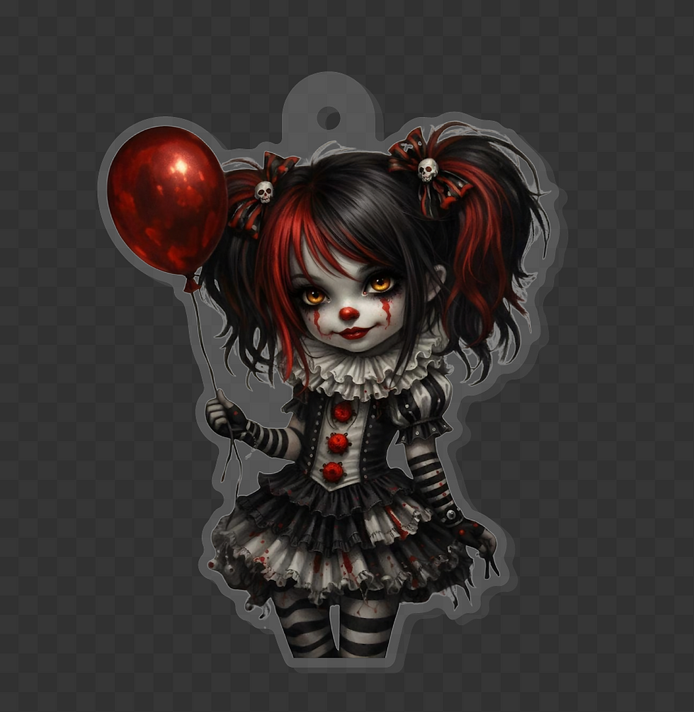 Chaoslings gothic clown girl acrylic charm with red balloon, striped outfit, and creepy cute horror aesthetic