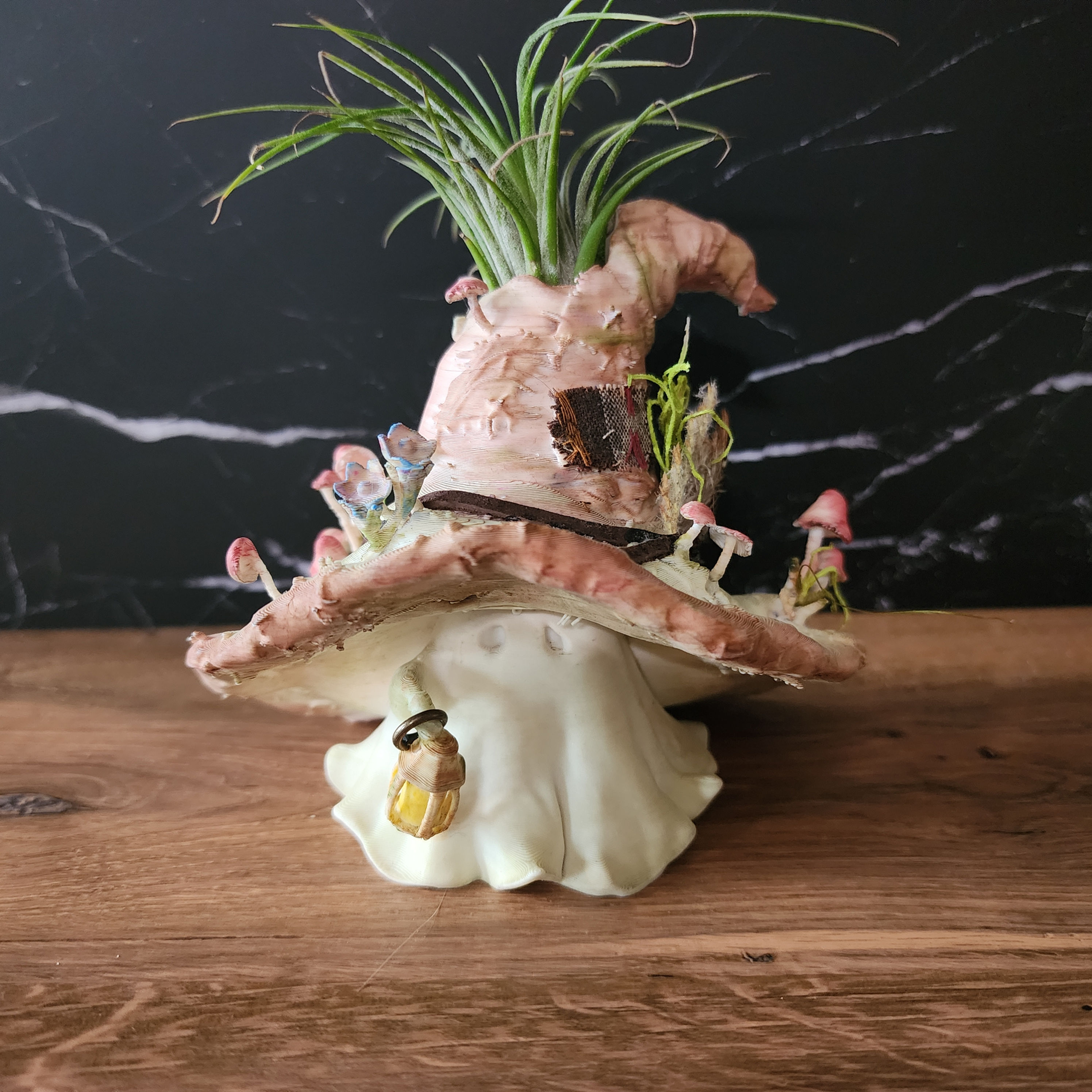 Bramble 001 4 inch Bloom Sprite with oversized hat, mixed-media details and living air plant