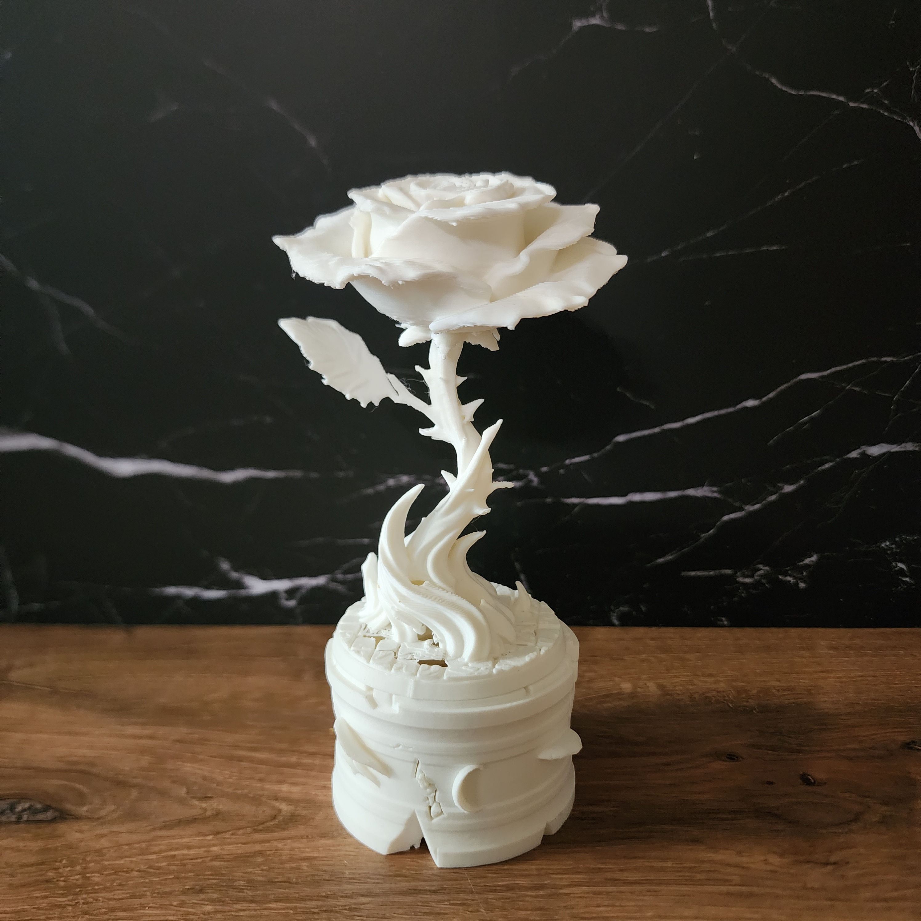 Twisted Rose white Bloomstone with large sculpted rose and crescent moon