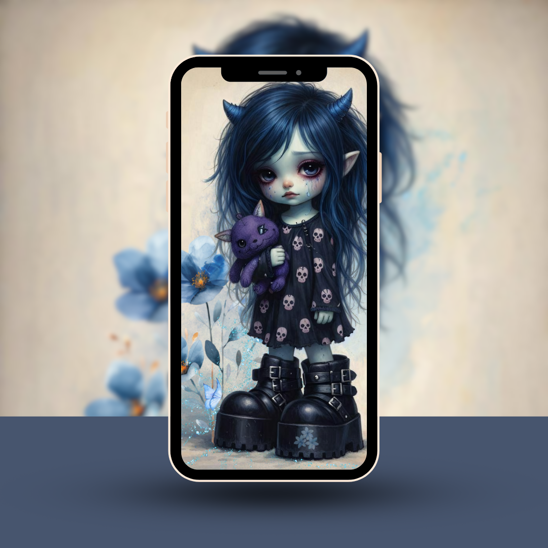 dark cute emotional fantasy wallpaper of small gothic girl with blue hair and purple stuffed animal