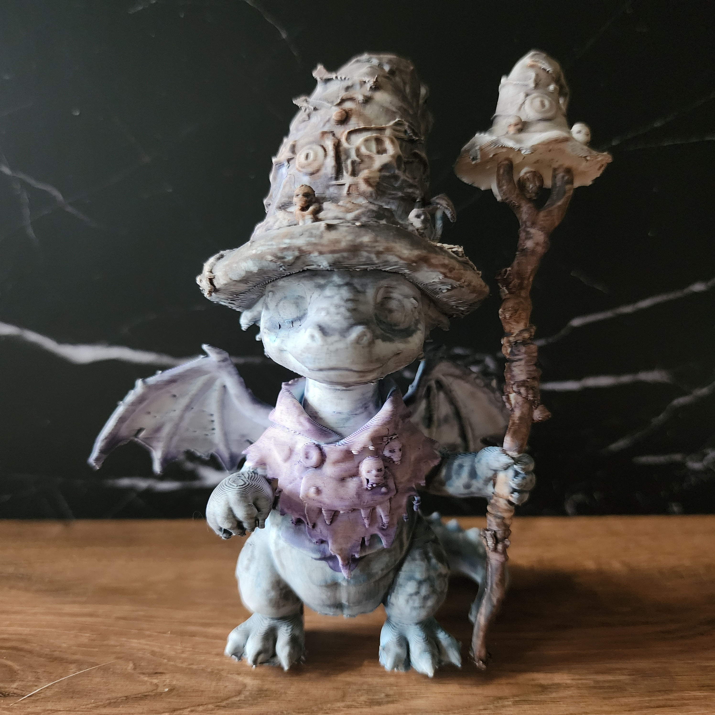 Grimmwick 001 5 inch wizard dragon with crooked hat, staff and hand-finished purple and blue details