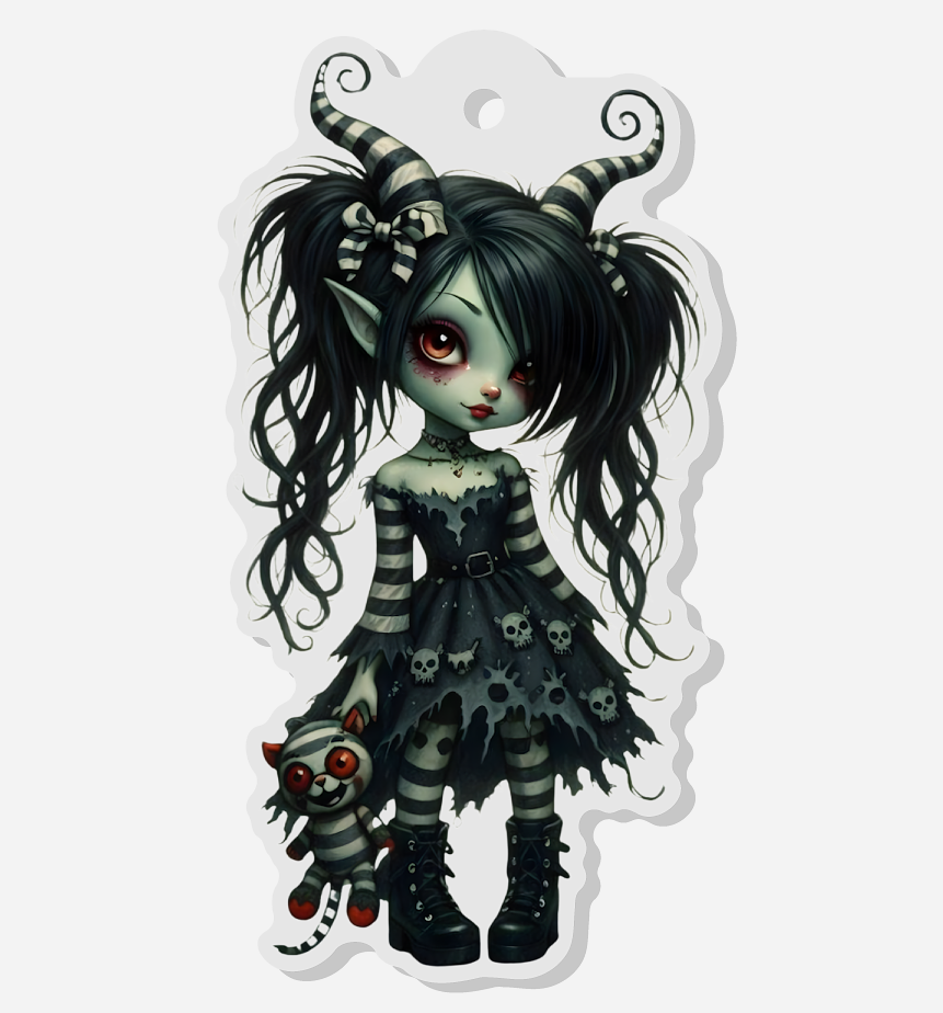 Chaoslings gothic demon girl acrylic charm with striped horns, dark dress, and creepy cute aesthetic
