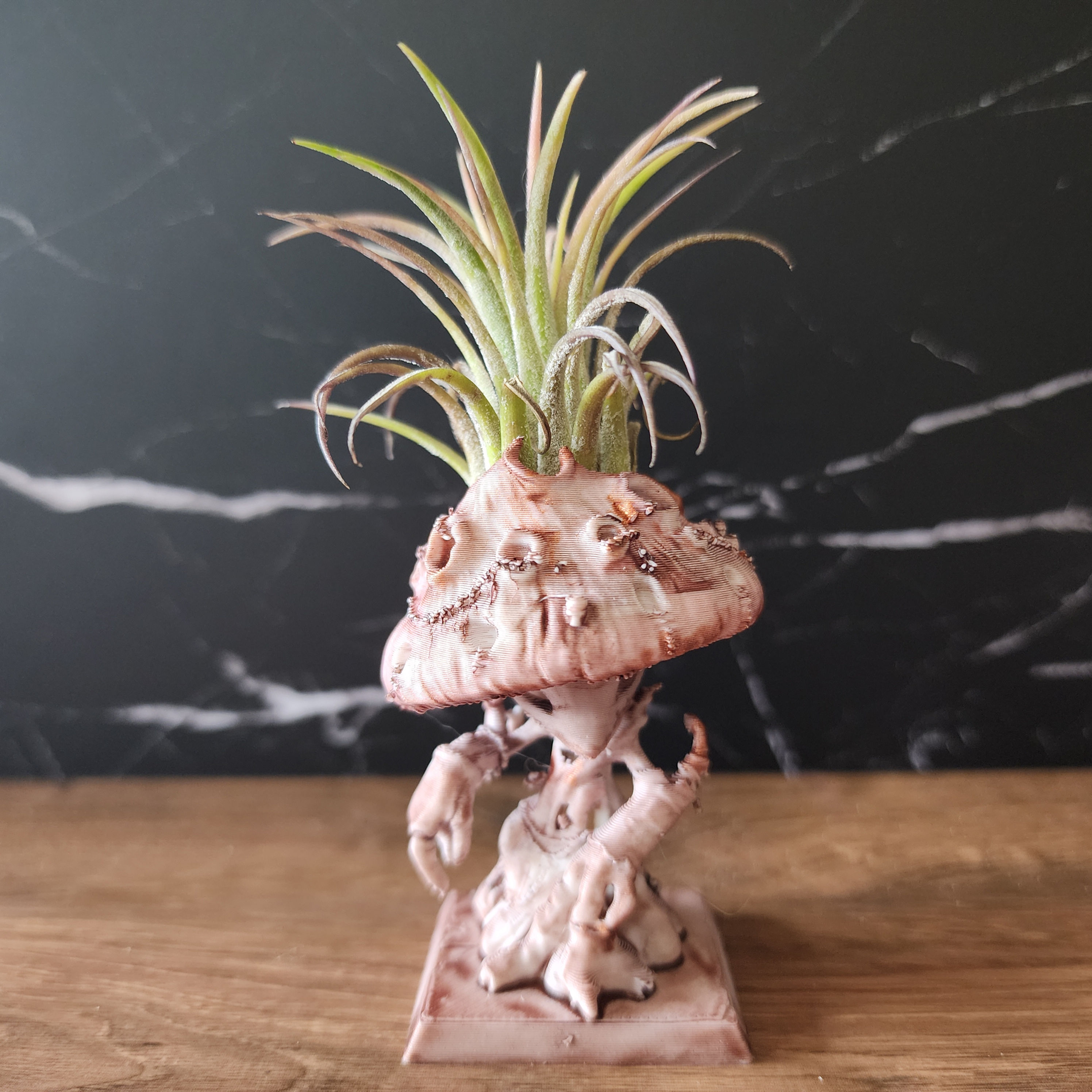 Spore 001 hand-finished Bloom Sentinel with spotted mushroom cap and living air plant