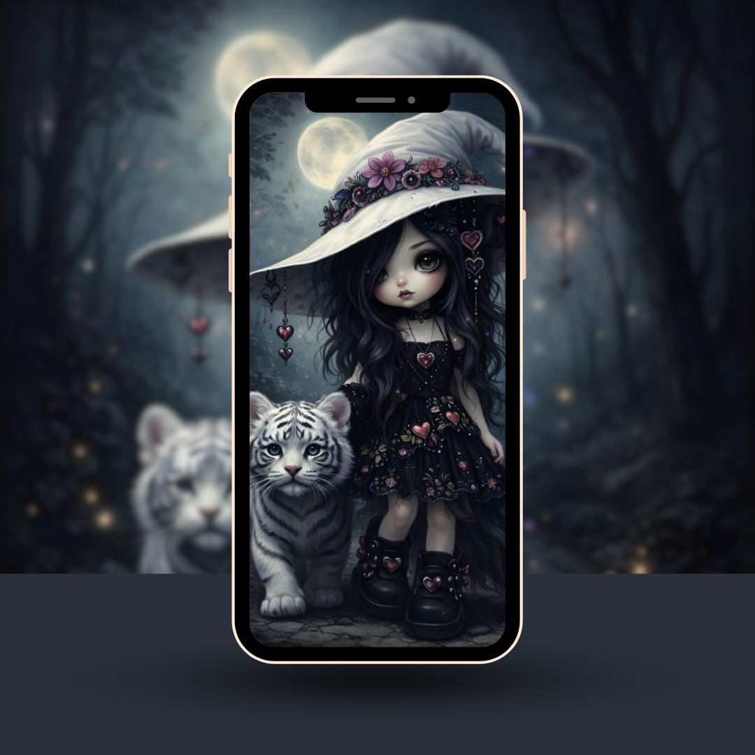 dark cute witch wallpaper with tiger companion, moonlit forest fantasy Chaoslings phone background