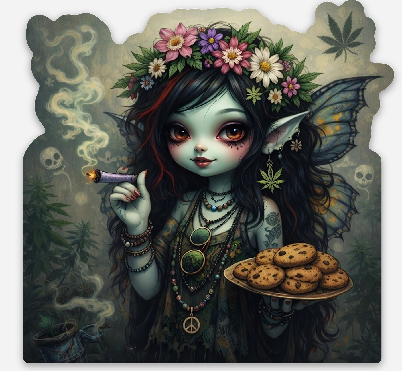 Chaoslings gothic cannabis fairy sticker with flower crown, smoking joint, and dark whimsical aesthetic