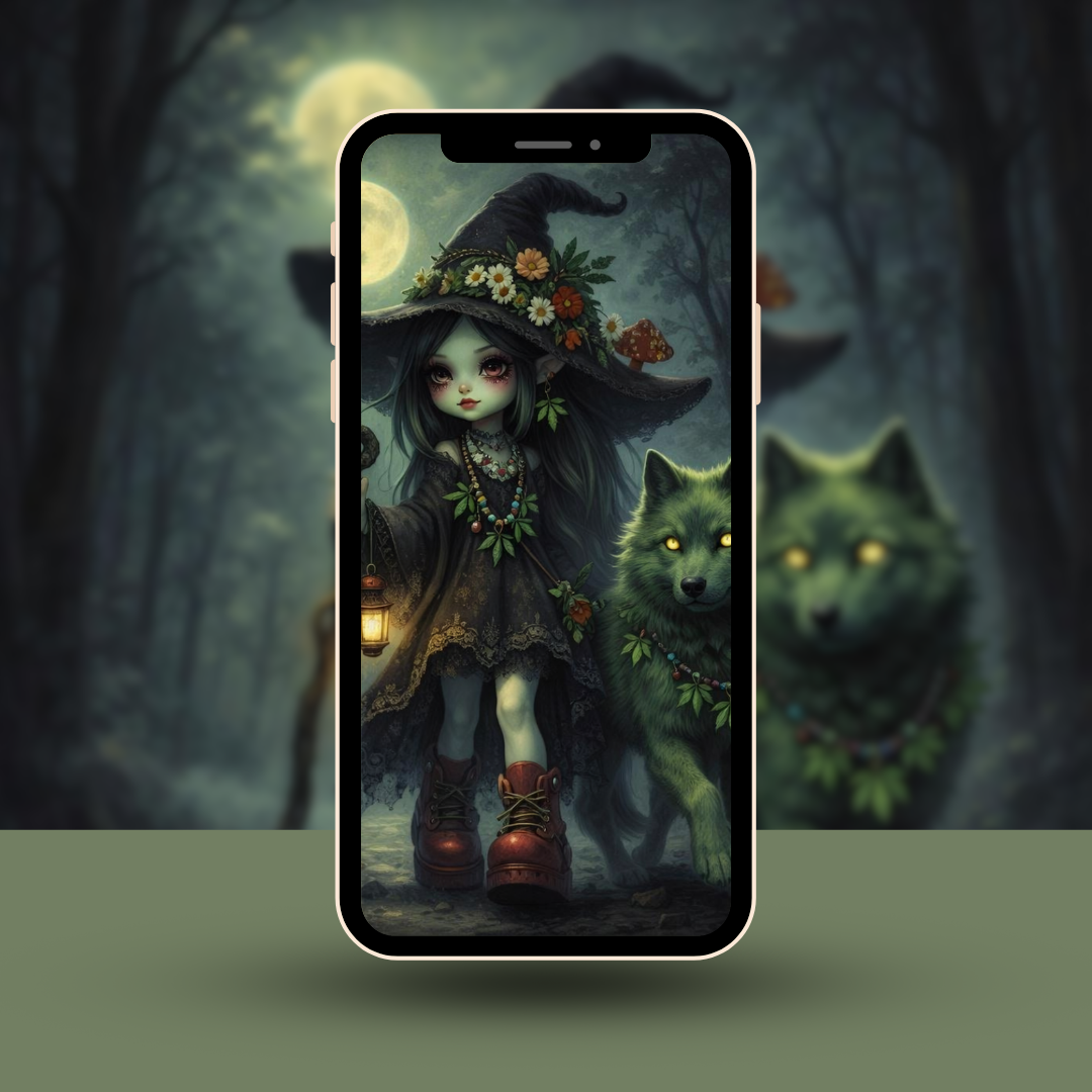 dark fantasy moon wallpaper with lantern keeper girl and glowing wolf, gothic witch aesthetic phone background