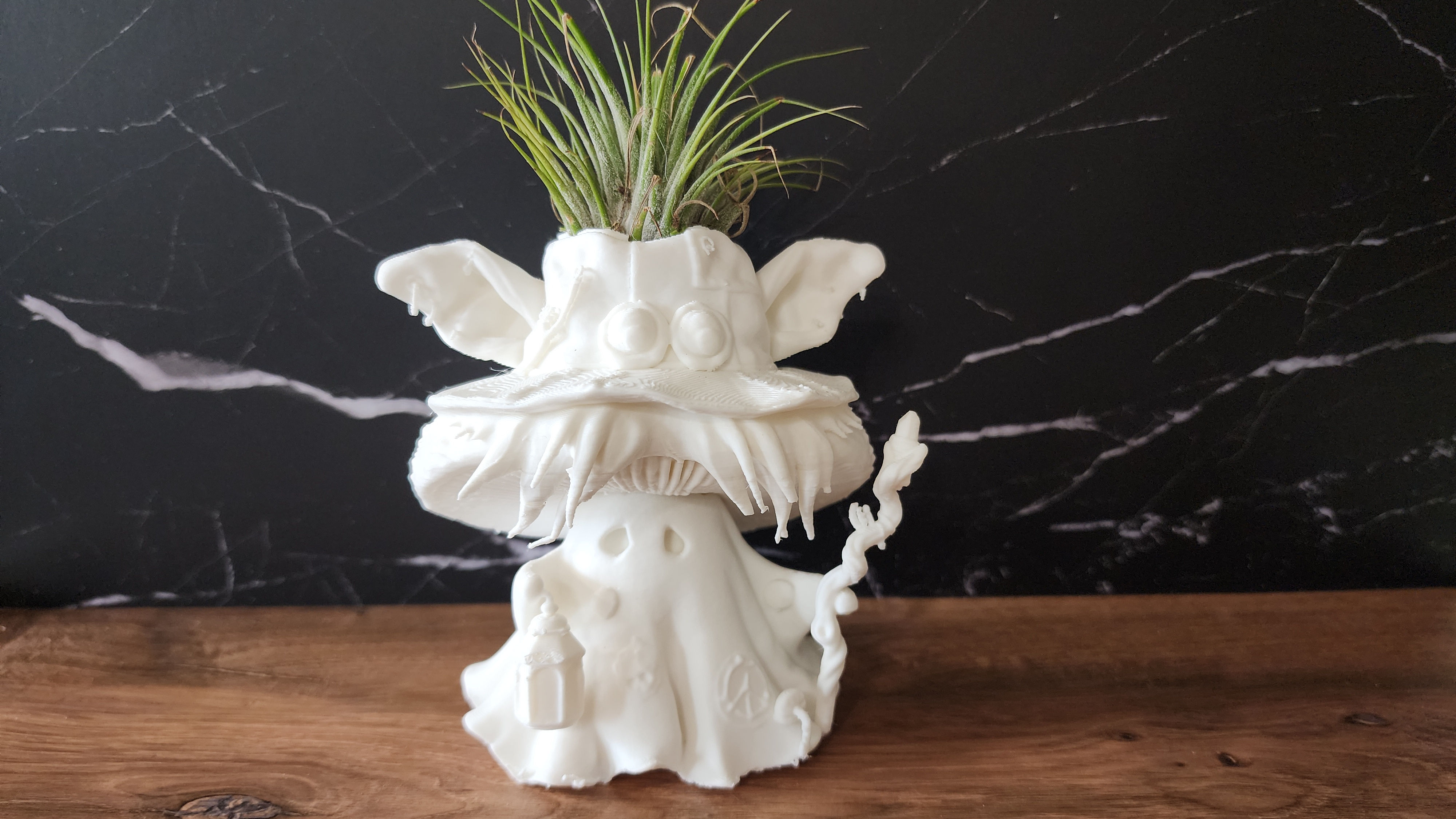Mosswick, 4 inch white Bloom Sprite with mushroom hat and living air plant by Chaoslings