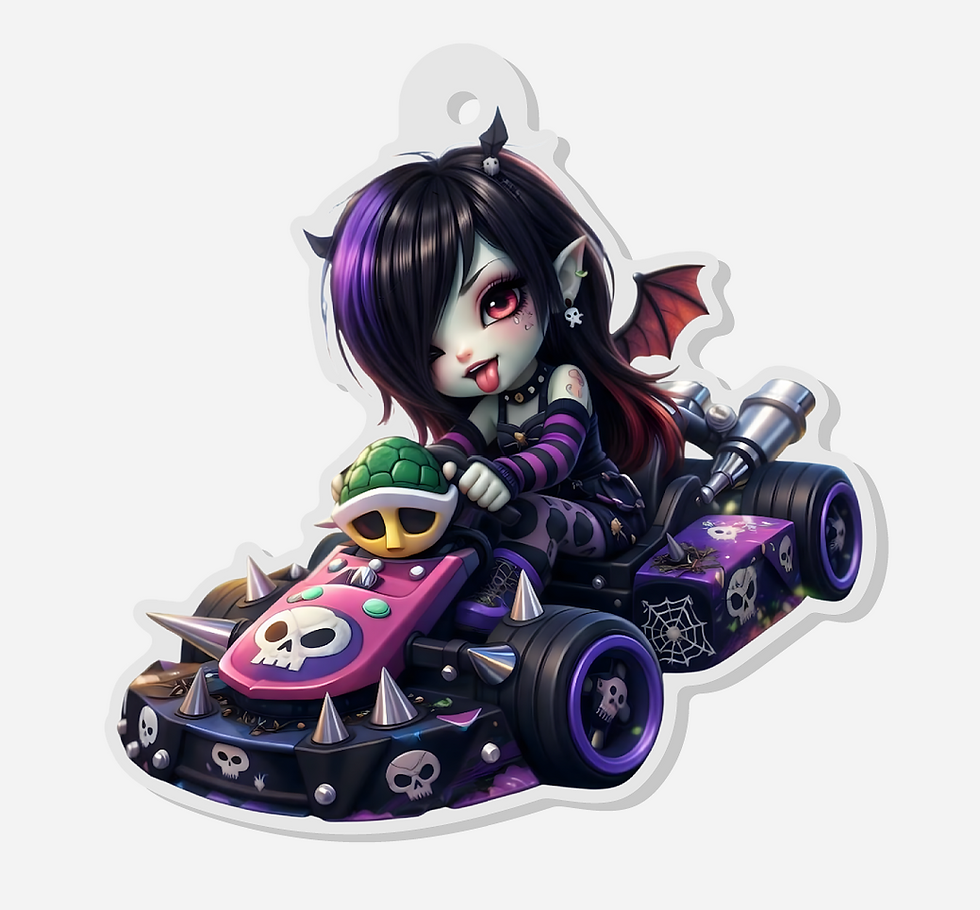 gothic demon girl kart racer charm with dark cute fantasy style and skull-themed go-kart