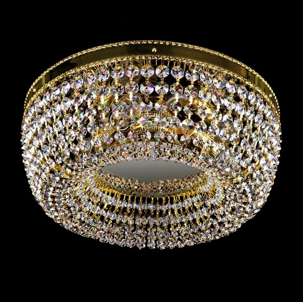 Sofia basket chandelier for low ceilings, adorned with 30% PbO crystal chains and a mirror-finished plate. Gold Finish.