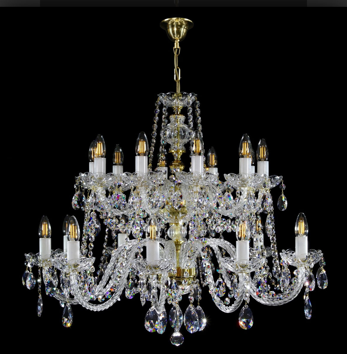 The Zita-20 bohemian crystal chandelier is a stunning 2-tier design. Adorned with 30% PbO crystal chains, and oval crystals.