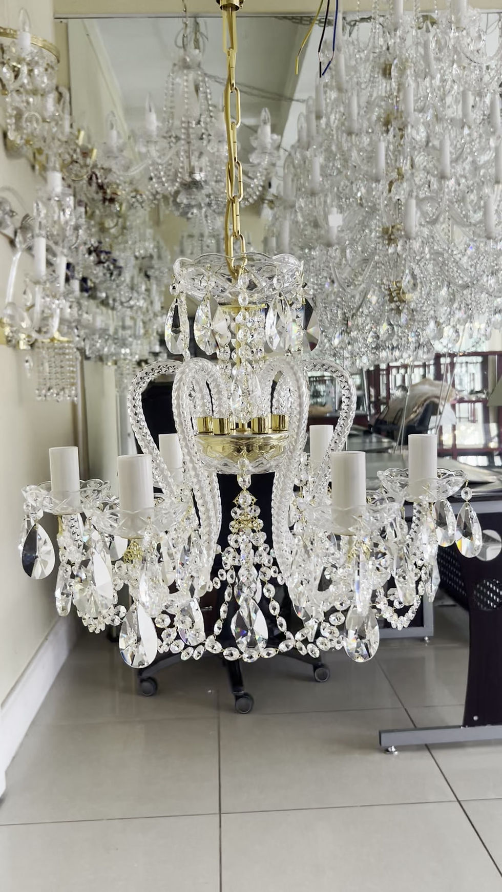 Thumbnail: Celine chandelier an exquisite design with 24% PbO bohemian crystal, this unique piece has curled arms & oval crystals. Video