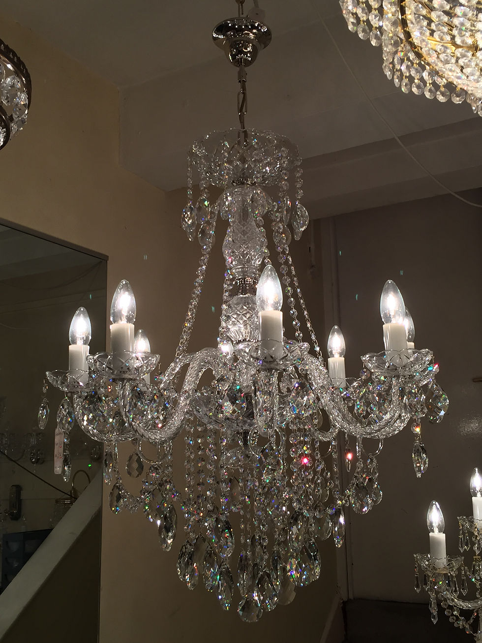 Thumbnail: Adelaide-8. Bohemian chandelier with oval lead crystals & crystal chains. For high ceilings. Luxury chandelier.