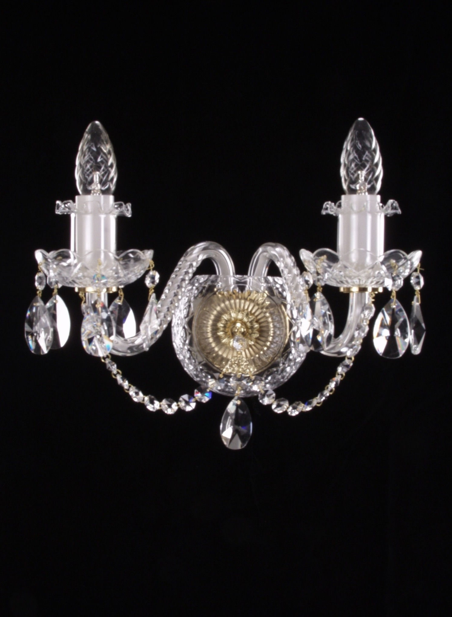 24% PbO bohemian crystal wall sconce, with rope twist arms, ornate glass bobeches, opaque glass candles, and glass flutes.