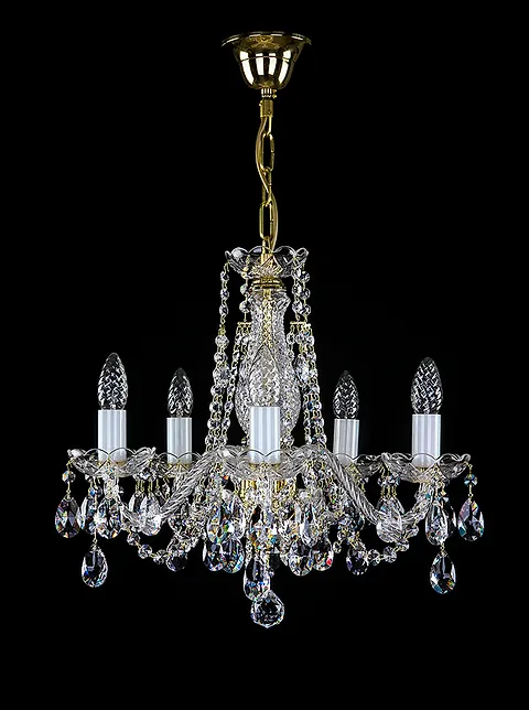 Small Chandeliers. Farrah-5 Exclusive to chandeliers.co.uk, stunning 30% PbO bohemian crystal chandelier, with rope twist glass arms, ornate glass bobeches, and opaque glass candle holders. Suitable for standard ceilings and medium-sized rooms.