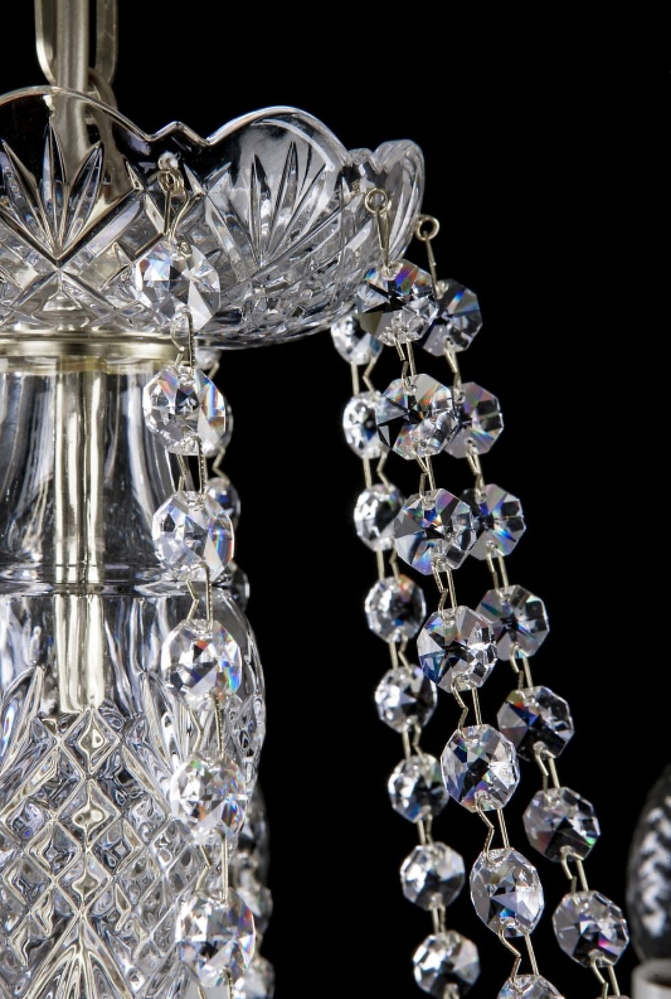 Thumbnail: 30% PbO Bohemian crystal chandelier with rimmed clear glass arms, opaque glass candle holders, and ornate glass bobeches.
