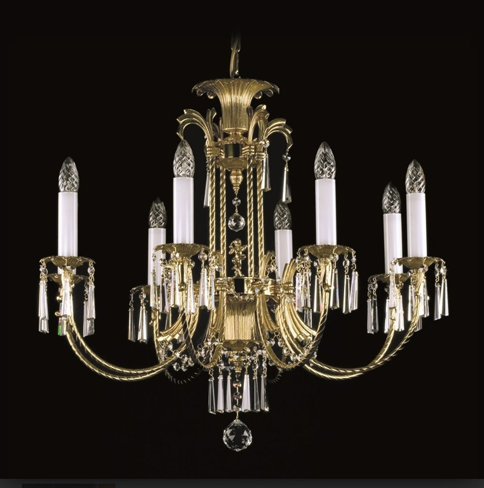 Celestina is a regal cast-metal chandelier with an ornate frame. Adorned with elegant, high-quality 30% lead hexagon crystals