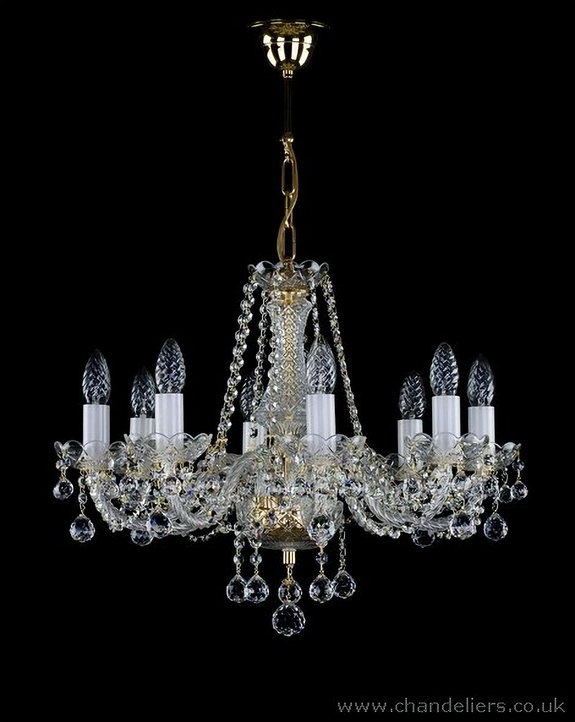 Radka-8-BL, bohemian lead crystal chandelier with rope twist glass arms & opaque glass candles. Adorned with crystal balls.