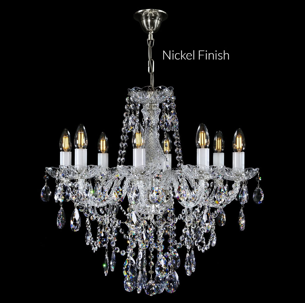 Thumbnail: Jessica-8, a beautiful crystal chandelier with 30% PbO bohemian crystal. With rope twist glass arms, ornate glass bobeches.