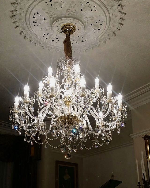 Thumbnail: Andrea-18 chandelier set on 2 tiers. This large traditional 30% lead crystal chandelier boasts oval-shaped bohemian crystals