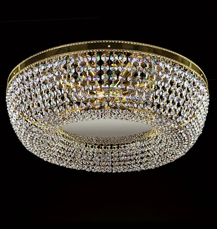 The Sofia-3, basket chandelier for low ceilings with 30% PbO crystal chains & a mirror-finished plate, exudes elegance.