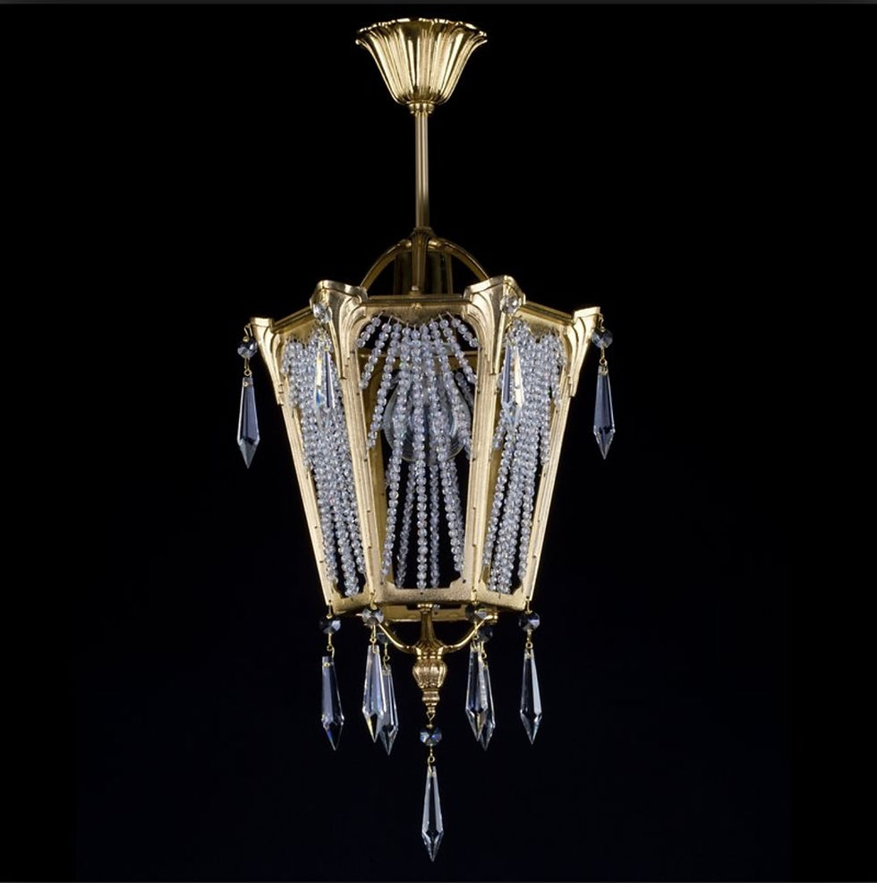 Thumbnail: Koleta: A Bohemian cast brass lantern chandelier with an ornate cast frame with 30% PbO lead crystal bead chains & teardrops.