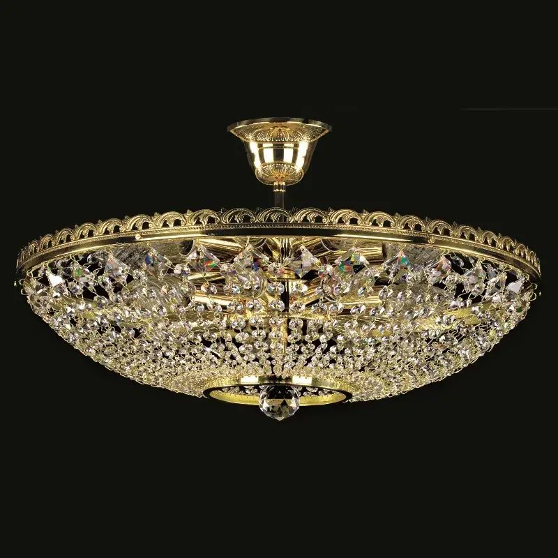 Thumbnail: Norma-3 bohemian crystal basket chandelier, ideal for low ceilings. It has a elegant, ornate frame with a mirror-finish plate
