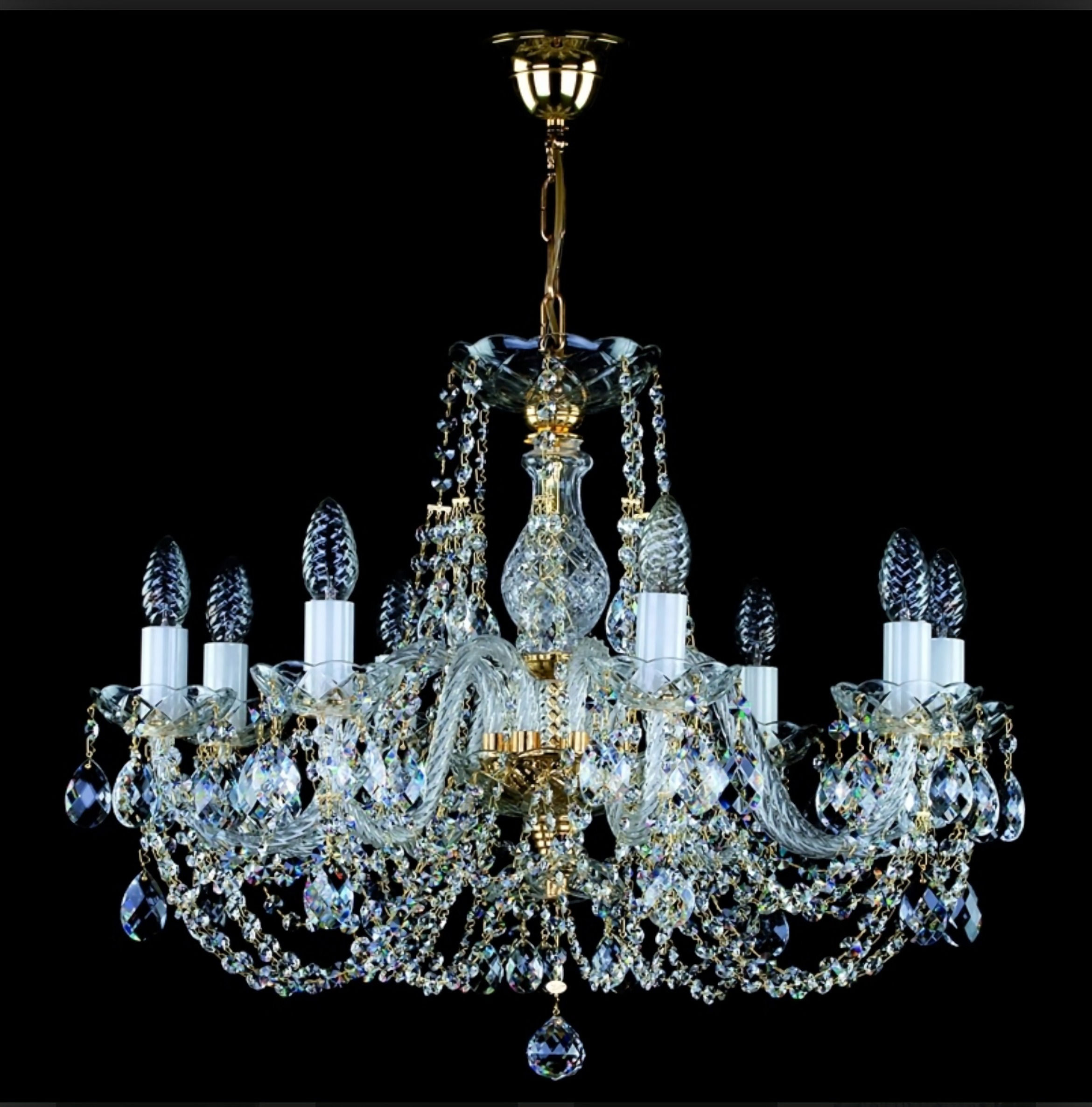 Andula traditional bohemian crystal chandelier with rope twist arms, 30% PbO lead crystals, gold finish.