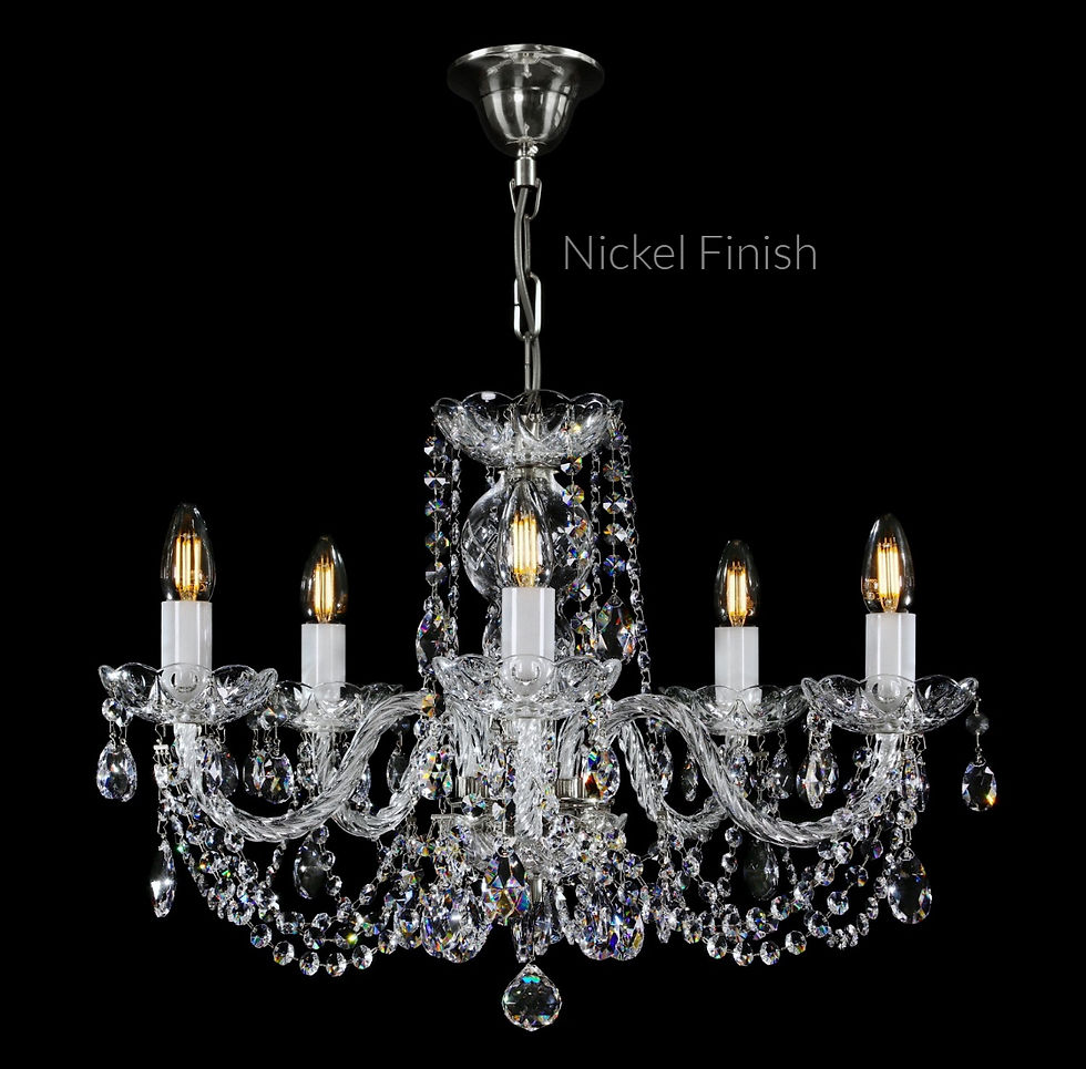 Thumbnail: 30% PbO small Bohemian crystal chandelier features rope-twist glass arms and opaque glass candle sleeves. Nickel Finish.