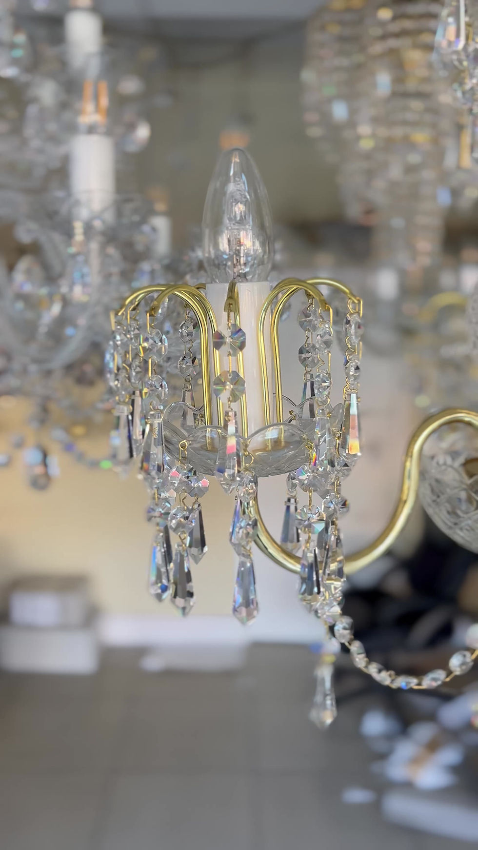 Thumbnail: KV-20 Chandelier: A delicate design featuring Bohemian 30% PbO crystal teardrops, polished gold metal arms &  candle sleeves.
