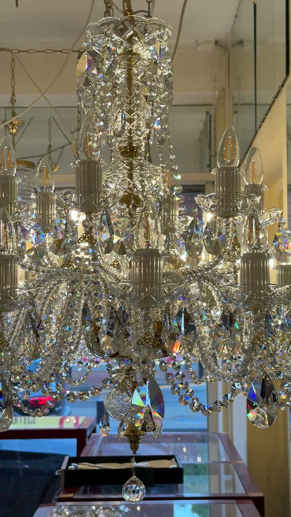 Thumbnail: Katherine-18. Traditional large lead crystal chandelier. Rope twist glass arms, ornate bobeches & glass candles. Video.