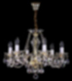 Cassidy. 30%PbO crystal chandelier with clear glass arms, ornate glass bobeches, and opaque glass candles.