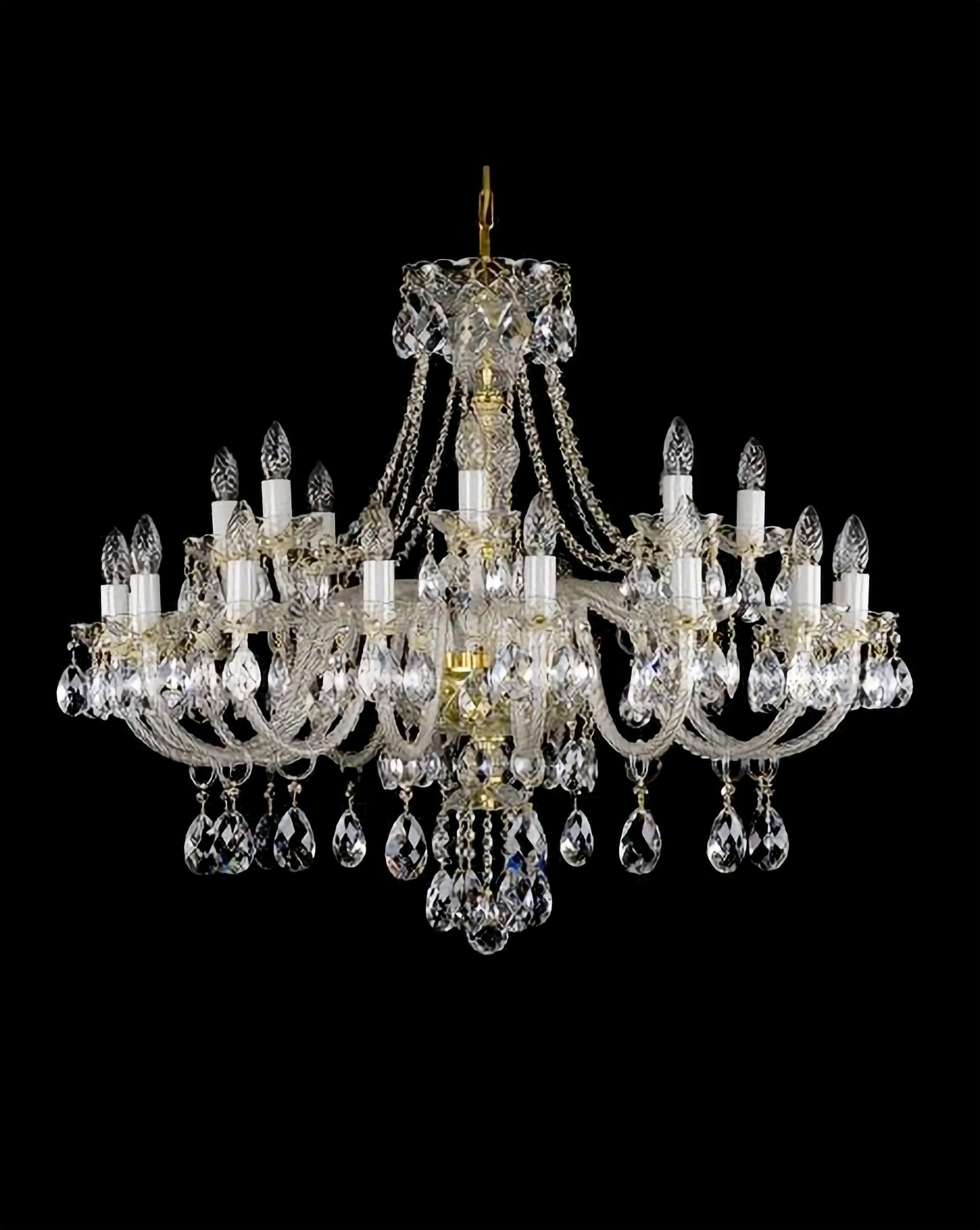 Nancy traditional bohemian chandelier adorned with 30% lead crystals, shown in a polished brass finish.