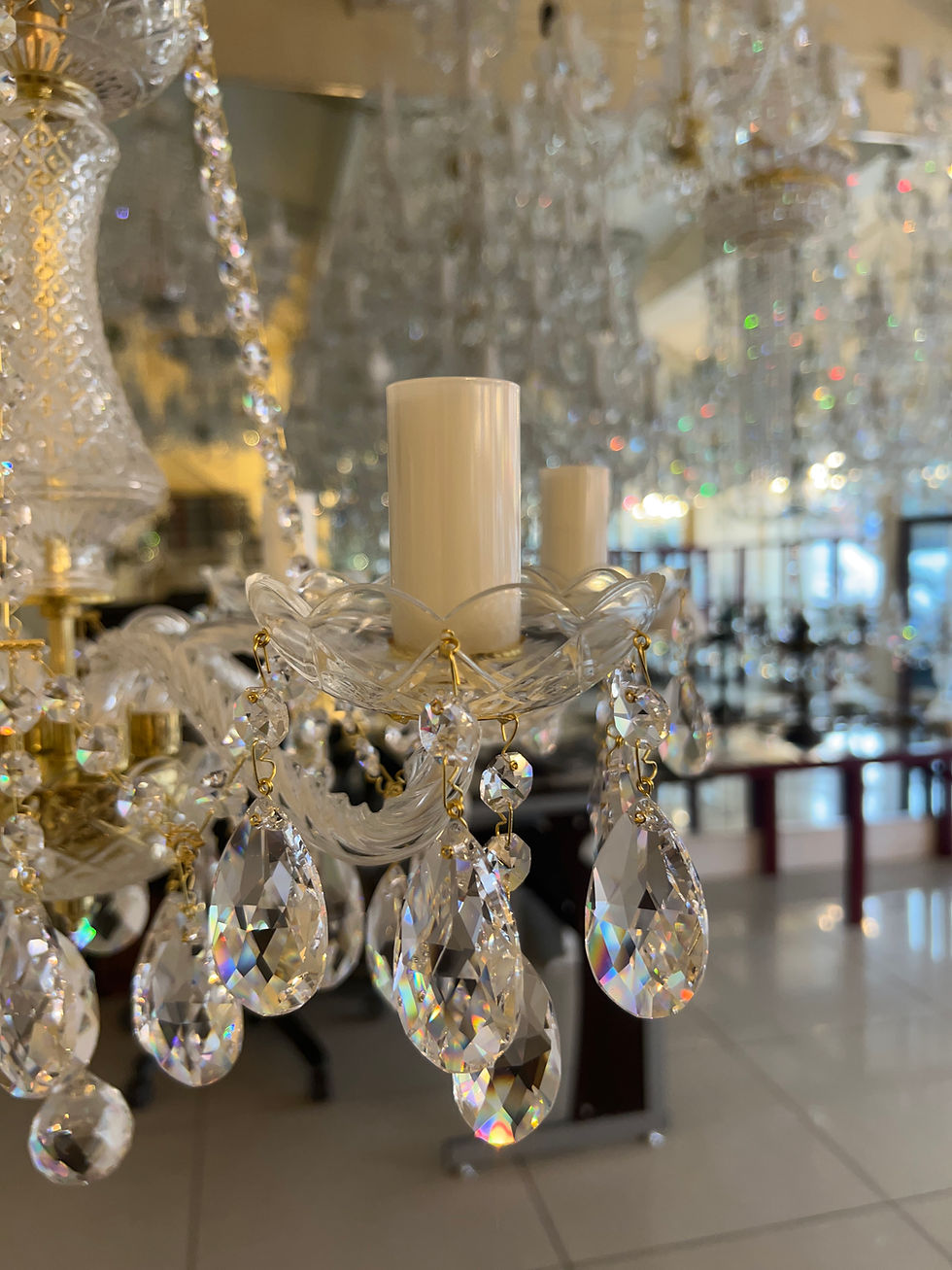 Thumbnail: Heidi-6 is a 30% PbO Bohemian crystal chandelier featuring rope-twist glass arms, ornate glass bobeches.