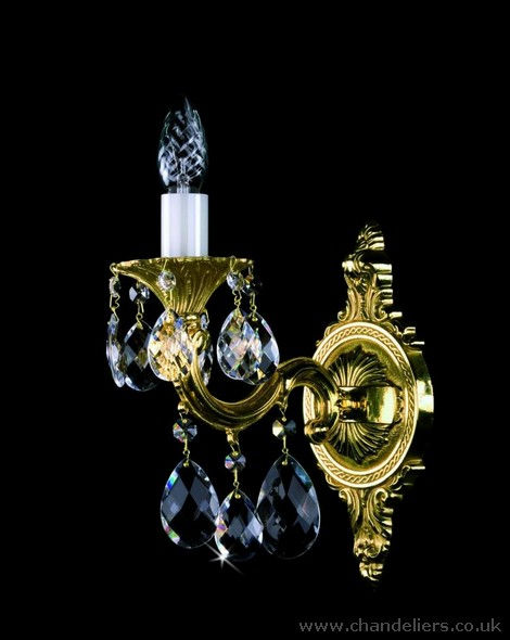 Sarka, stunning cast brass wall sconce, shown in the polished brass finish, with oval-shaped 30% PbO bohemian crystals.