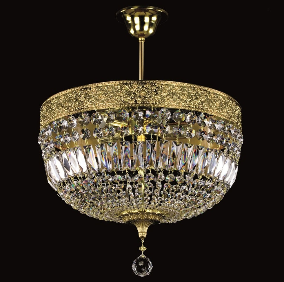 Thumbnail: The Babeta-2 is a stunning crystal basket chandelier featuring an intricately ornate polished brass frame.