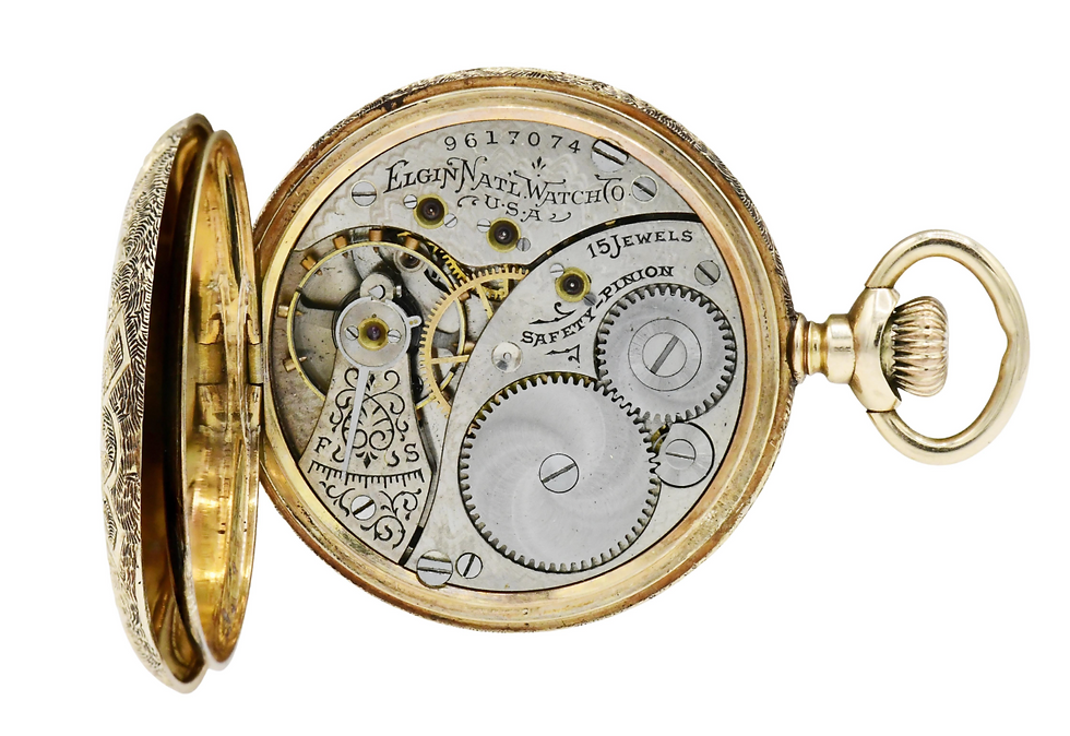 Thumbnail: Elgin Hunter Case 14K Fancy Dial Pocket Watch, O Size